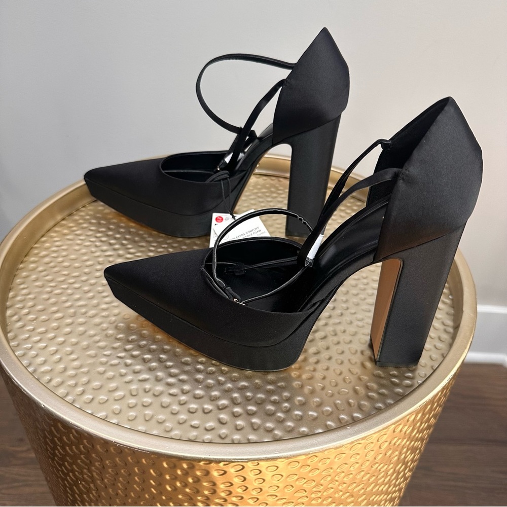 Zara Stylish Satin Black Block Heels New With Tags